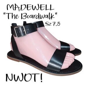 MADEWELL THE BOARDWALK Sz 7.5 NWOT! Black Leather Ankle Buckle Flat Boho Sandals
